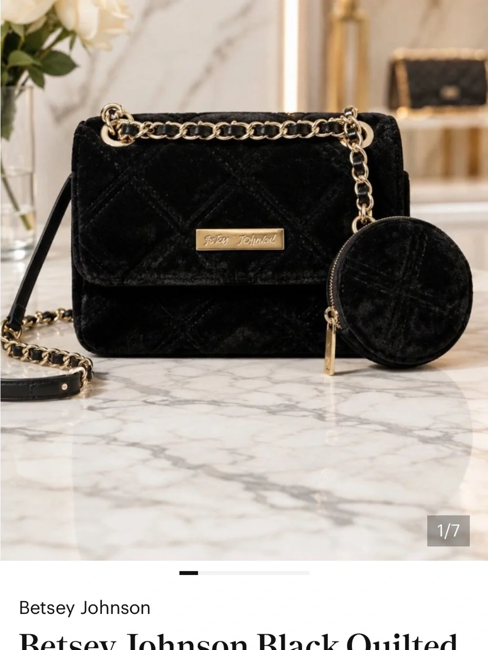 Betsey Johnson Black Quilted Velvet Crossbody with Coin Pouch and Gold Chain